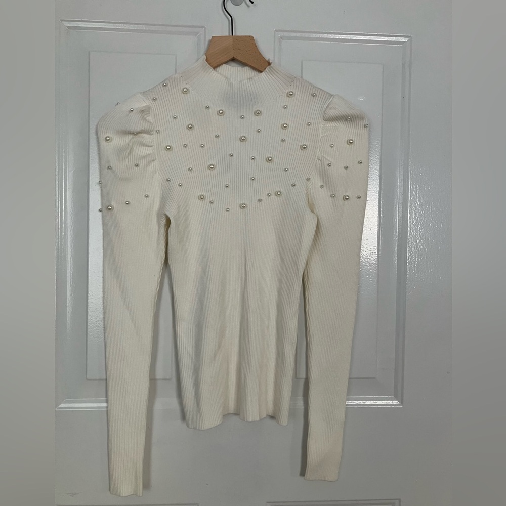 Alice Blue- pearl embellished puff sleeve knit sweater,top